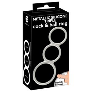You2Toys - trojitý silikonový kroužek na penis a varlata s kovovým efektem (stříbrný)