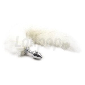 Malý kovový anální kolík s dlouhým liščím ocáskem bílý